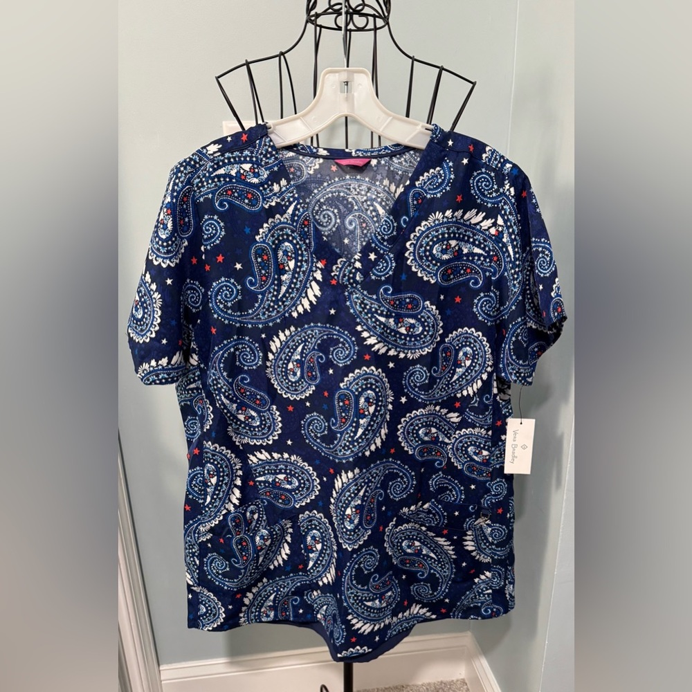 New Vera Bradley Paisley Fireworks Navy Red Womens large L scrub top